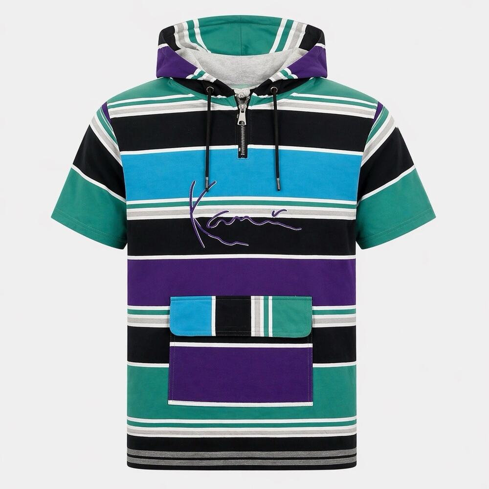 Karl Kani Hoodie XL Striped Spell Out Short Sleeve Pocket Y2K Streetwear
